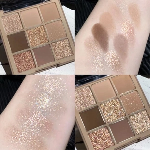 Detailed swatches and palette layout of earth-toned nine-color matte and shimmer eyeshadow