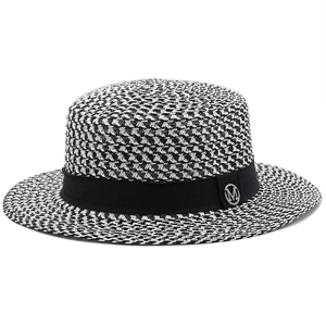 Flat top woven straw boater hat with black and white texture and M letter emblem