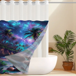 Detail of waffle-weave shower curtain with tropical beach night and starry sky print