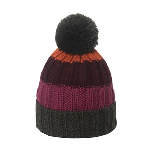 Mens winter knit hat with colorful stripes, fleece lining, and black pompom on white background