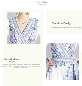 Détail du col en V et de la taille ajustée sur cette robe en mousseline imprimée