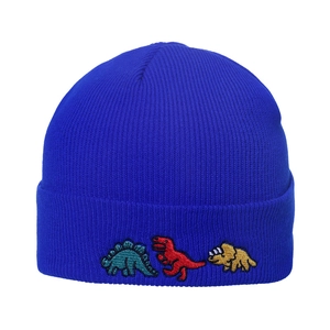 Bright blue knit beanie with three colorful cartoon dinosaur embroidery on the cuff