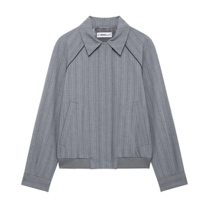 Women Striped Loose Jacket Zipper Closure Long Sleeve Preppy Style Polyester Outerwear