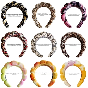 Detailed grid of velvet sponge headbands in leopard and zebra patterns for hair styling