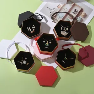 Hexagonal Jewelry Gift Box With Ribbon Handle Velvet Lining For Rings Necklaces Earrings Elegant Paper Packaging Box