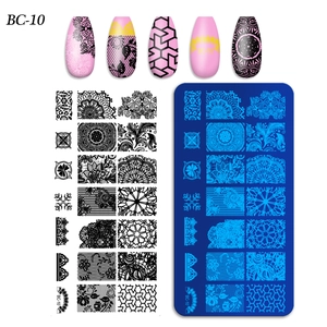 Detail of BC-10 nail stamping plate with lace patterns and pink manicured nail swatches