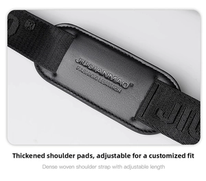 Detail of padded leather shoulder strap with luxury embossed texture and durable nylon