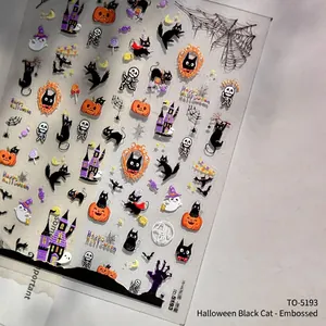 Autocollants ongles 3D Halloween avec motifs de chats noirs, citrouilles et fantômes