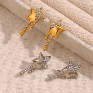 Elegant 18K gold and silver plated star tassel earrings with rhinestones in a jewelry box