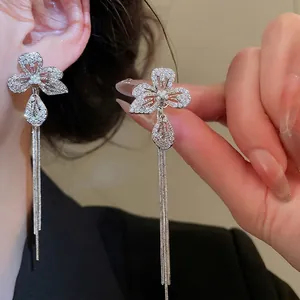 Flower Tassel Dangle Earrings With 925 Sterling Silver Earring Post Zircon Copper Artificial Pearl Elegant Luxury Jewelry For Women