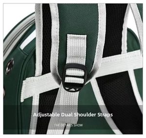 Detail view of adjustable shoulder straps and breathable mesh on the green pet backpack