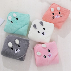 Cute thick coral fleece hooded baby bath towels with cartoon embroidery in five colors