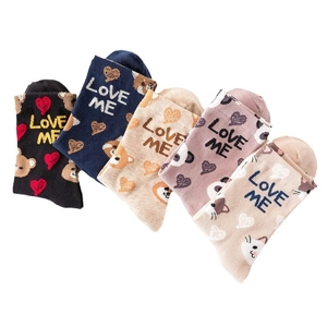 Five pairs of cute cartoon cotton crew socks with bear and heart prints in assorted colors