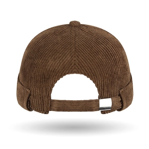 Deep brown corduroy docker cap with adjustable metal buckle back view on white background