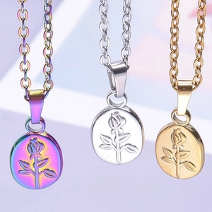 Minimalist 18k gold plated stainless steel rose embossed oval flower pendant necklace