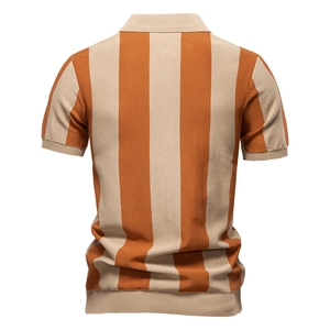Back view of a men's knit polo shirt featuring orange and beige vertical stripes