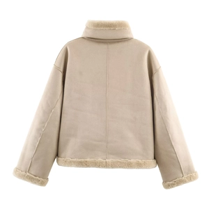 Back view of a beige reversible jacket with fuzzy faux shearling lining on the hem and collar
