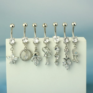 Selection of silver stainless steel belly rings with sparkling zircon pendant charms