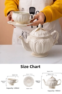 Close-up of vintage ceramic teapot set with intricate floral relief patterns