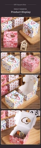 Detail showing square gift boxes with heart-shaped window and colorful printed patterns