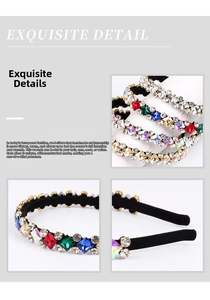 Detailed macro view of hand-set multi-color rhinestones on a luxury black headband