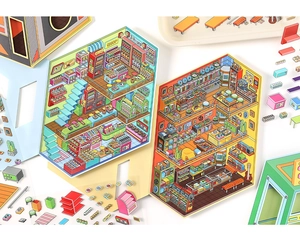 Macro view of detailed DIY 3D miniature store stickers with colorful shop scenes