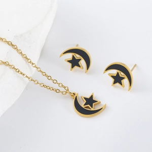 Minimalistisches Set aus Edelstahl-Halskette und Ohrringen mit Stern-, Mond- und Schwarzgold
