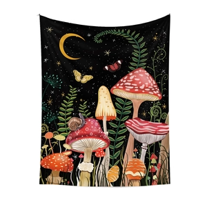 Artistic mushroom tapestry with butterfly and moon patterns on a dark starry background