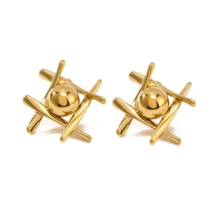 Minimalist gold stainless steel stud earrings with geometric sphere and cross bars design
