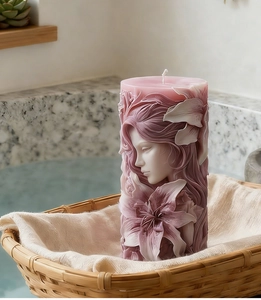 Primer plano del retrato femenino en 3D y flores de lirio en relieve sobre una vela
