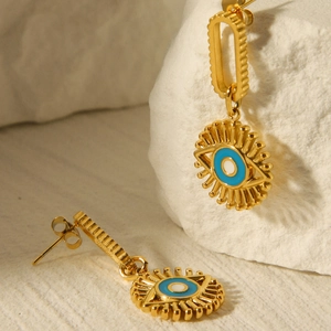 Evil Eye Dangle Earrings Stainless Steel 18K Gold Plated Enamel Blue Drip Oil Fashion Vintage Jewelry For Women