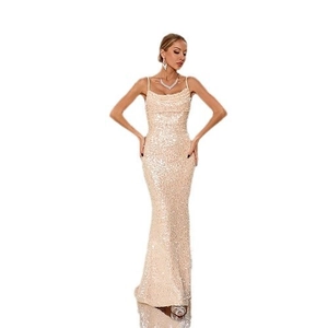 Elegant champagne gold sequin backless mermaid evening gown with slim straps