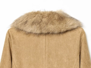 Detailed close-up of faux fur collar and khaki suede texture on a women jacket