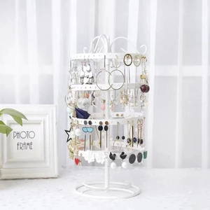 Detailed view of white rotating earring display stand with multi-layer hanging holes