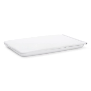 Closed view of a white portable LED travel mirror showing the folding hinge and slim design