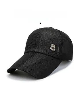Detail of breathable mesh fabric and Sport shield badge on long brim black baseball cap