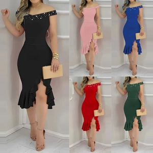 Women Summer Off Shoulder Slim Fit Bodycon Midi Dress Pearl Embellished Ruffle Slit Commuter Elegant Party Club Dress