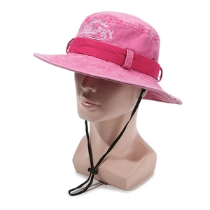 Pink washed cotton bucket hat with white embroidery and adjustable black wind cord