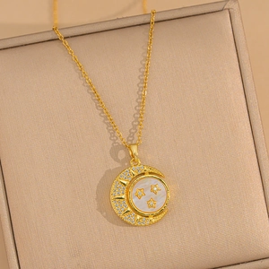 18K gold plated stainless steel necklace with celestial moon and star pendant in a gift box