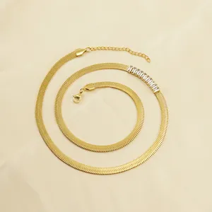 Flat Snake Bone Chain Necklace 18K Gold Plated Stainless Steel Rectangular Zircon Inlaid Minimalist Jewelry For Women Elegant