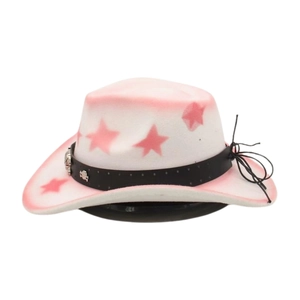Detail of pink and white gradient cowboy hat with star patterns and skull band