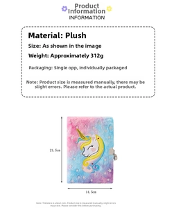 Detail of plush tie-dye unicorn diary with dimensions 21.5x14.5x2cm and weight 312g