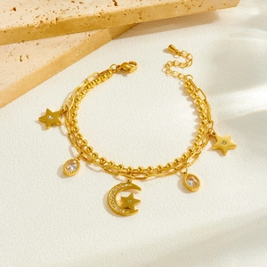 Double-layered gold plated stainless steel bracelet with star and moon charms