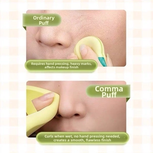 Detail comparing normal and comma makeup puffs for flawless liquid foundation application