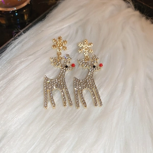 Golden Christmas reindeer and snowflake earrings with rhinestones and red nose on fur