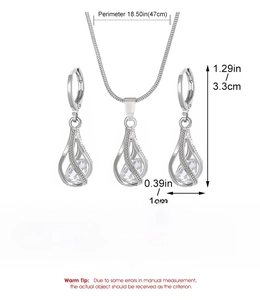 Detailed size specifications for silver copper teardrop crystal necklace and earrings set