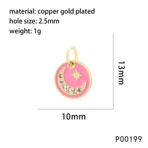 Detailed view of pink enamel crescent moon and star gold plated copper pendant charm