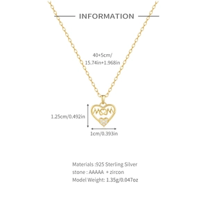 Detail view of 925 sterling silver MOM heart pendant with 40+5cm chain size specs