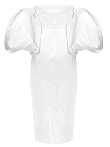 Detailed back view of white satin midi dress showing zipper closure and back slit hem