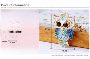 Detail view of crystal owl keychain with measurements showing 5cm height and 4cm width